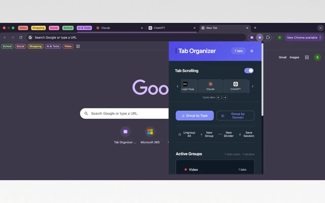 Tab-it popup with grouping controls, tab scrolling, and active groups