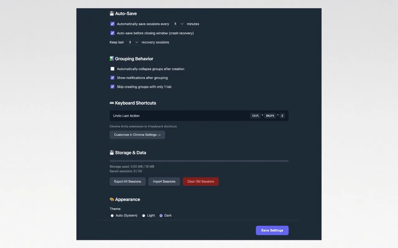 Tab-it settings — auto-save, grouping, shortcuts, and appearance